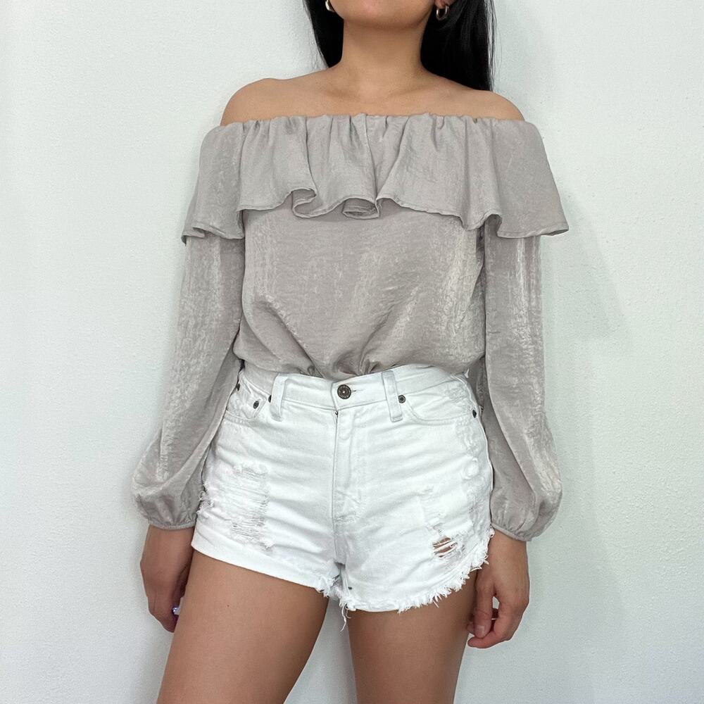 Taupe Grey Off The Shoulder Long Sleeve Top Small